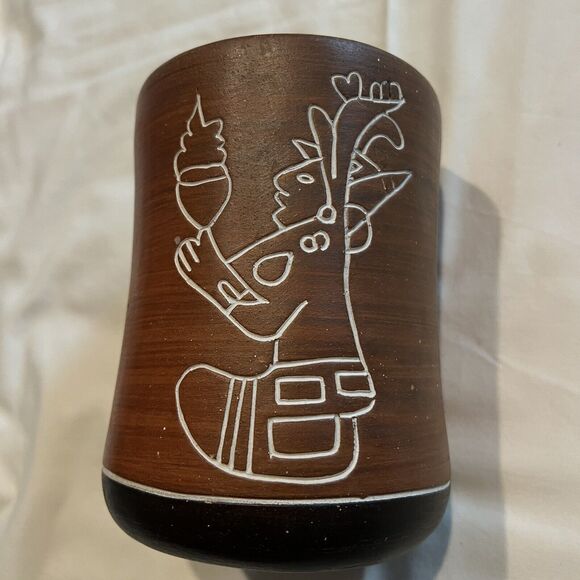 Vintage Mexican Pottery Vase Etched Mayan Aztec Orange Green Teotihuacan Mexico - Picture 1 of 7